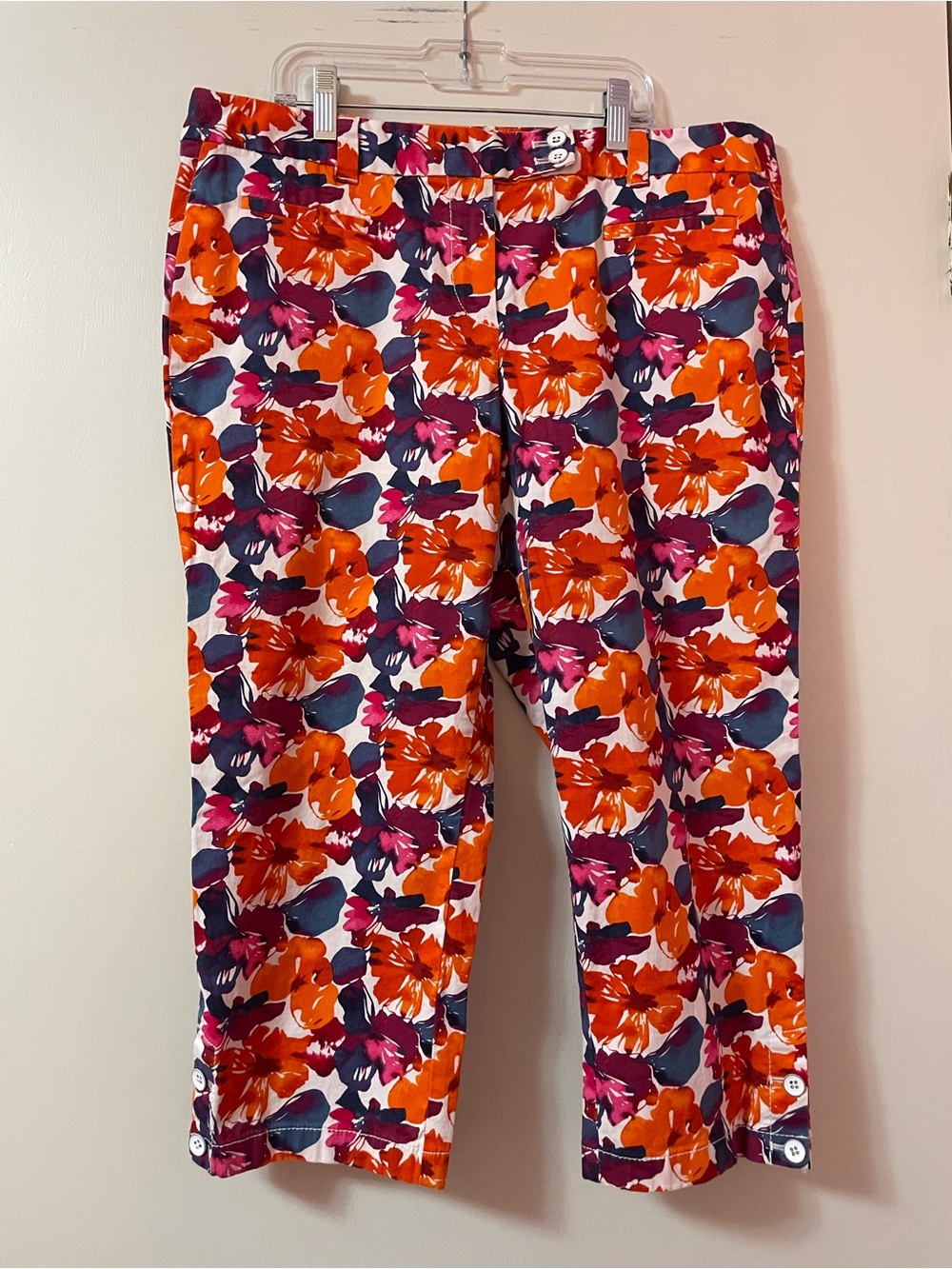 LOFT Ann Taylor orange, purple, and navy floral print capri pants